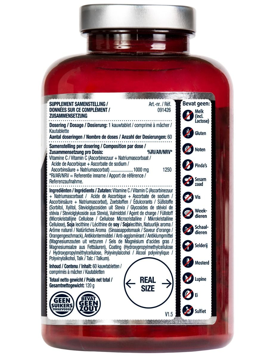 Achterkant van de fles. Bevat informatie over ingrediënten, dosering en allergenen. Gemarkeerd met 'REAL SIZE' en 'V1.5'.