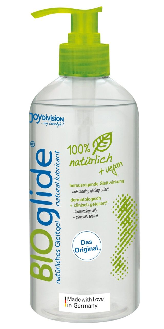 BIOglide glijmiddel in doorzichtige fles met groene pompdos. "Das Original."