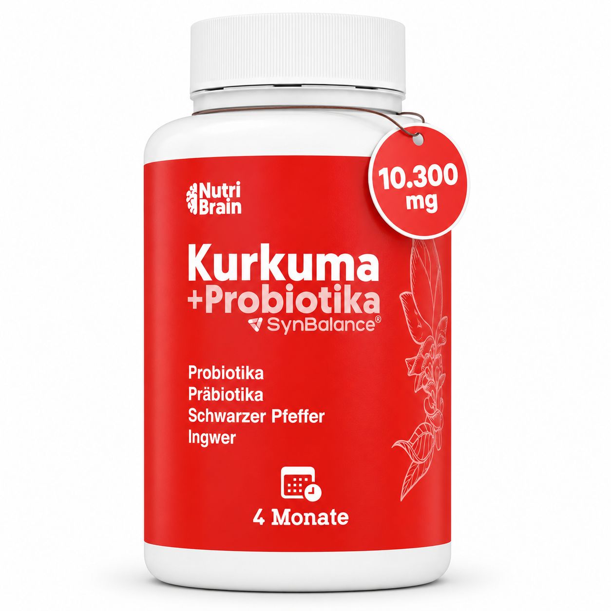 Flacon NutriBrain Curcuma + Probiotiques, 10.300 mg, pour 4 mois.