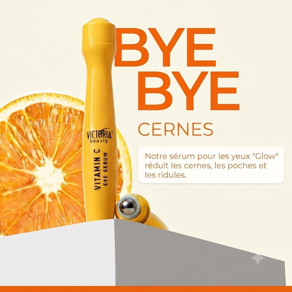 Victoria Beauty Vitamin C Eye Serum dans un flacon applicateur jaune avec embout roll-on. À côté, une tranche d'orange.