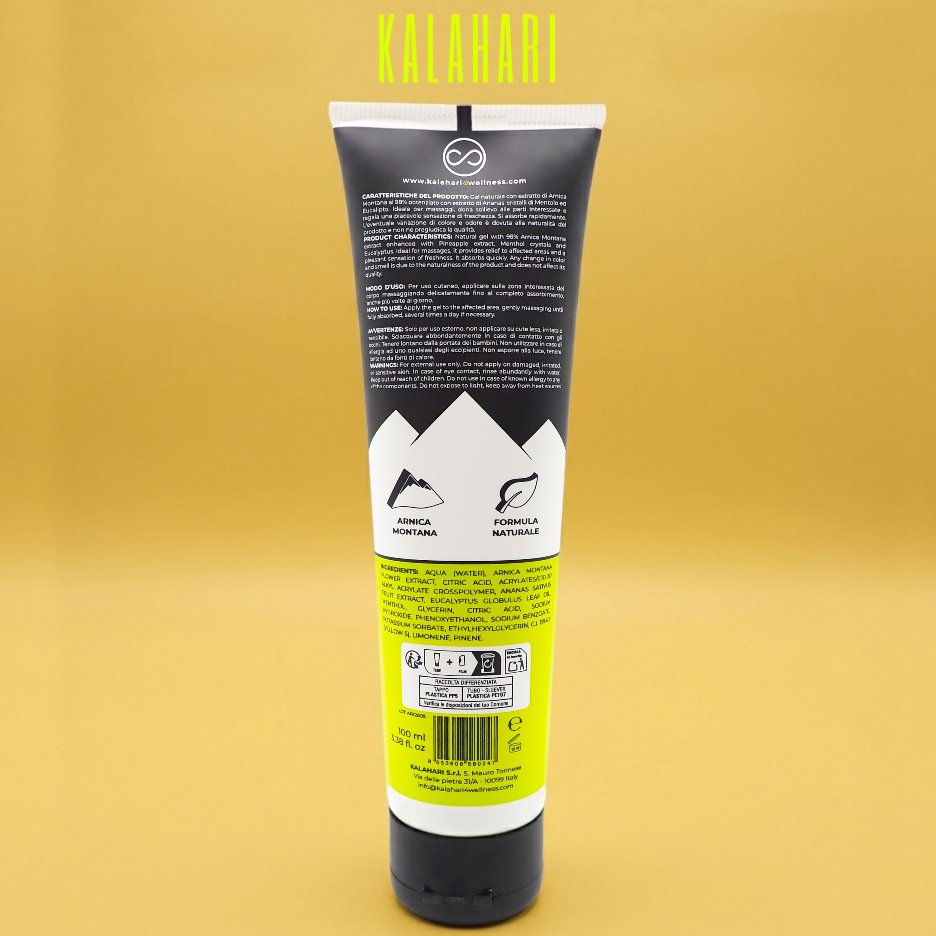 Arrière d'un tube "Arnica 98% Estrema" avec ingrédients et certifications.
