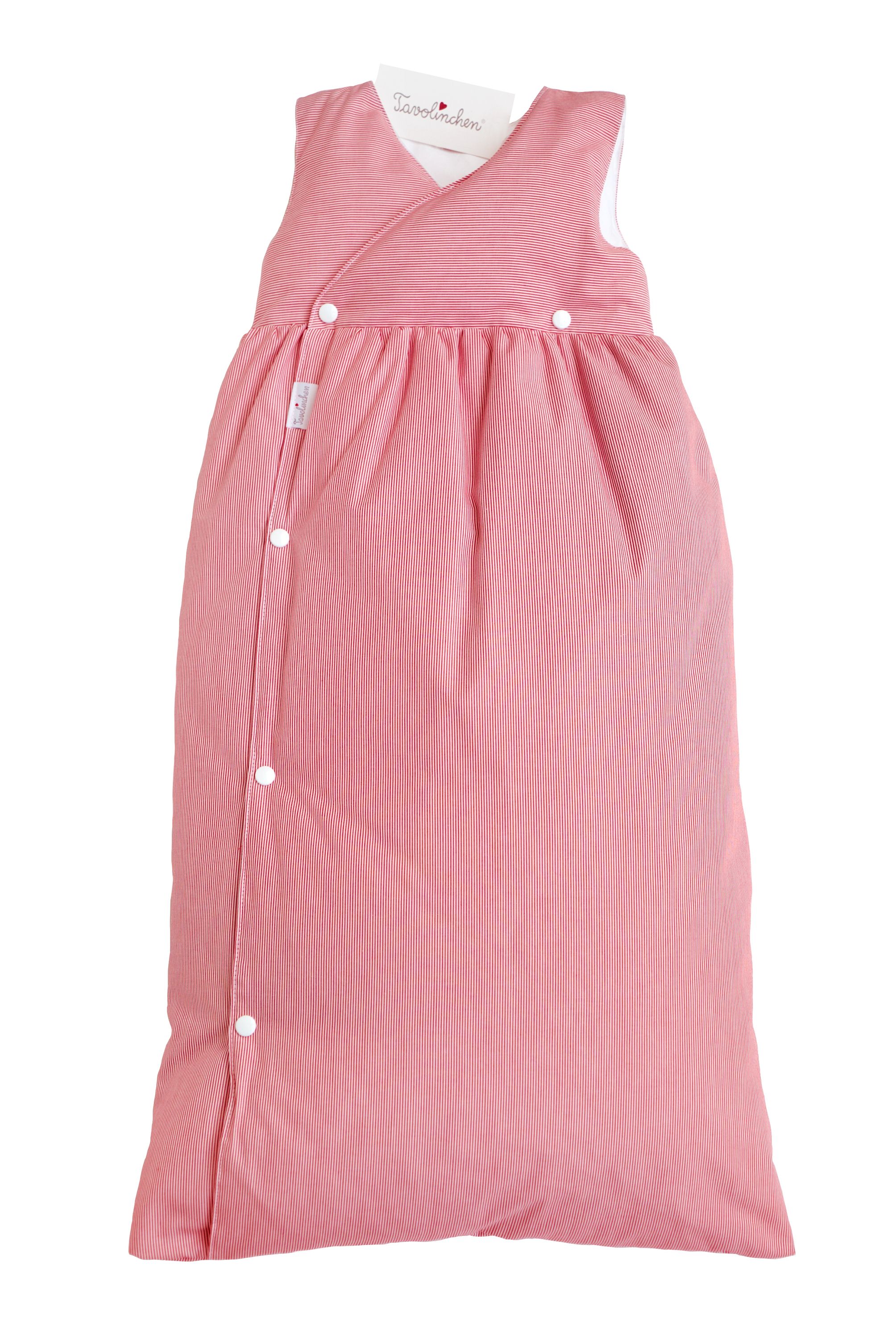 Gigoteuse à rayures rouges et boutons. L'étiquette affiche le nom de la marque.