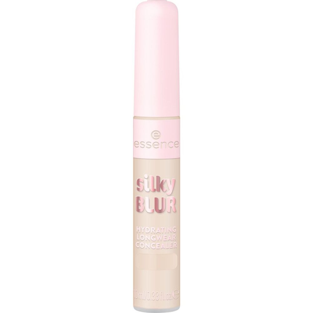 Beige concealerflesje met roze dop. Opschrift: Silky Blur, Hydrating Longwear Concealer. Merk: Essence.