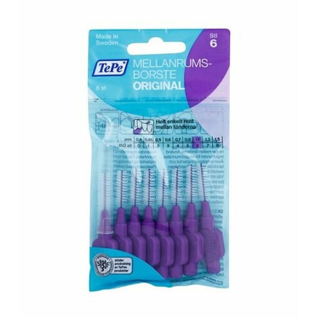 Verpakking met 8 paarse TePe interdentale borstels. Opschrift: Mellanrumsborste Original. Maat: 1.10 mm.