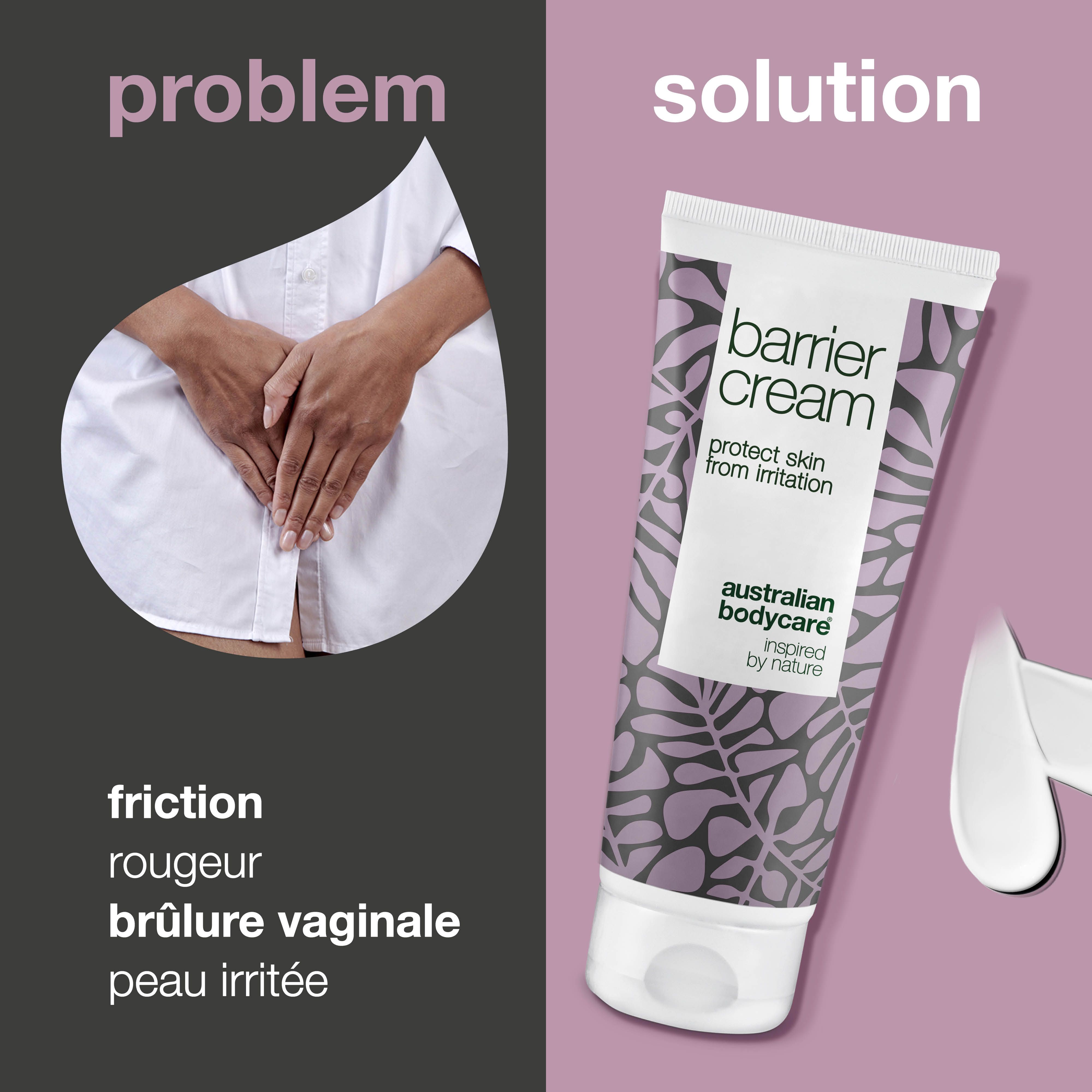 Graphique : problème et solution. Tube de crème barrière. Inscription : protect skin from irritation. Marque : Australian Bodycare.