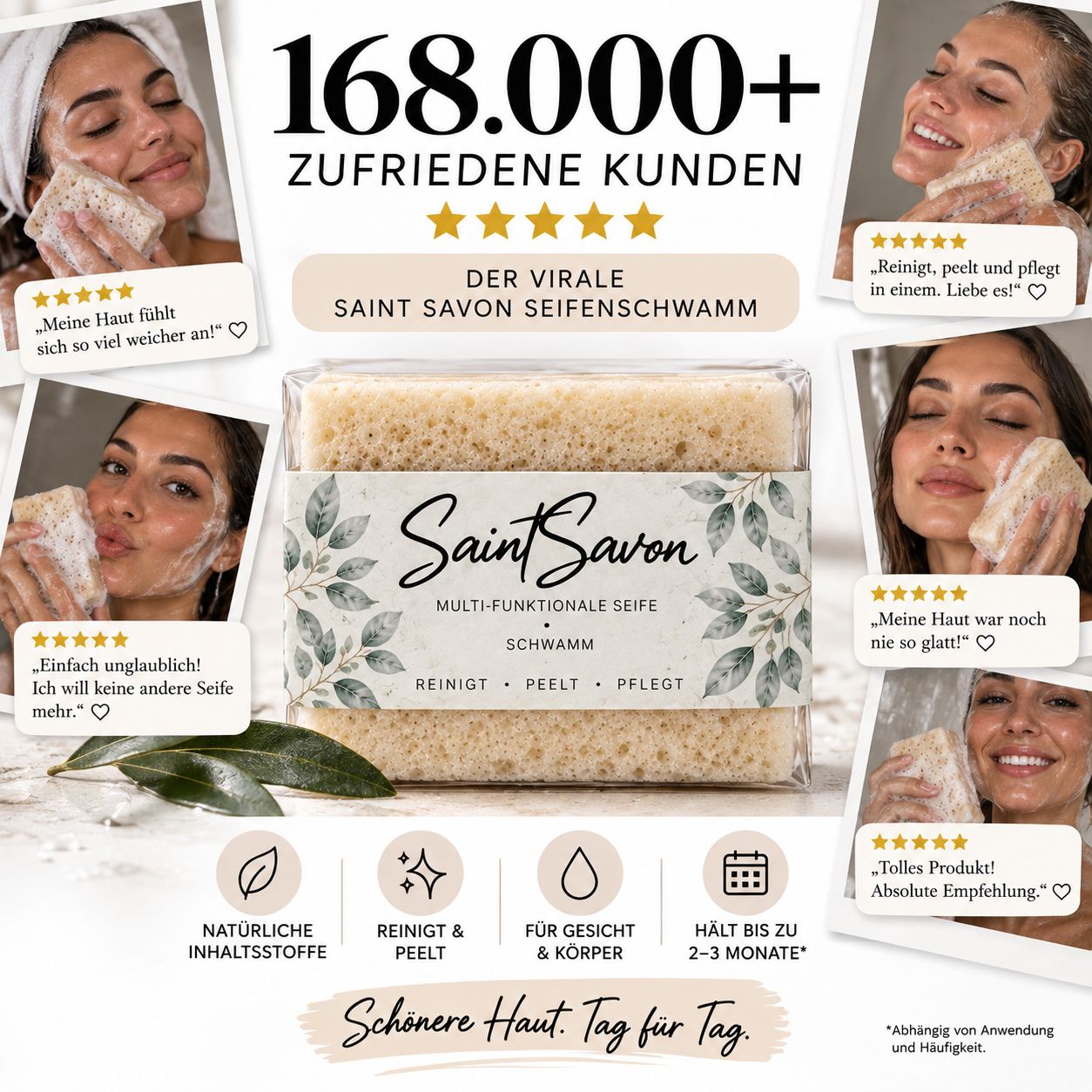 Image du produit éponge savonneuse Saint Savon entourée d'avis clients satisfaits.