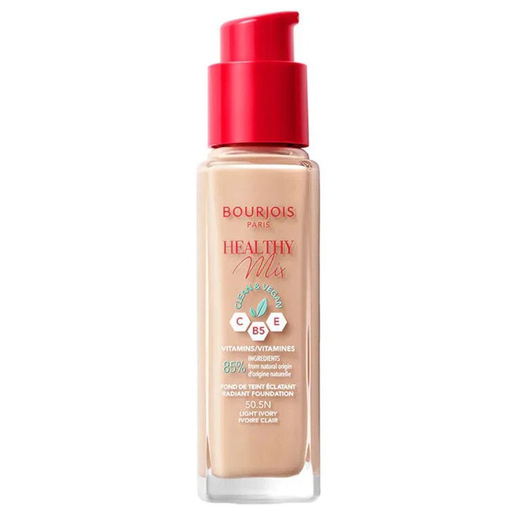 Vloeibare foundation in glazen fles met rode pomp. Opschrift: Bourjois Healthy Mix. Kleur: 50,5N Light Ivory. Vitamines en ingrediënten.