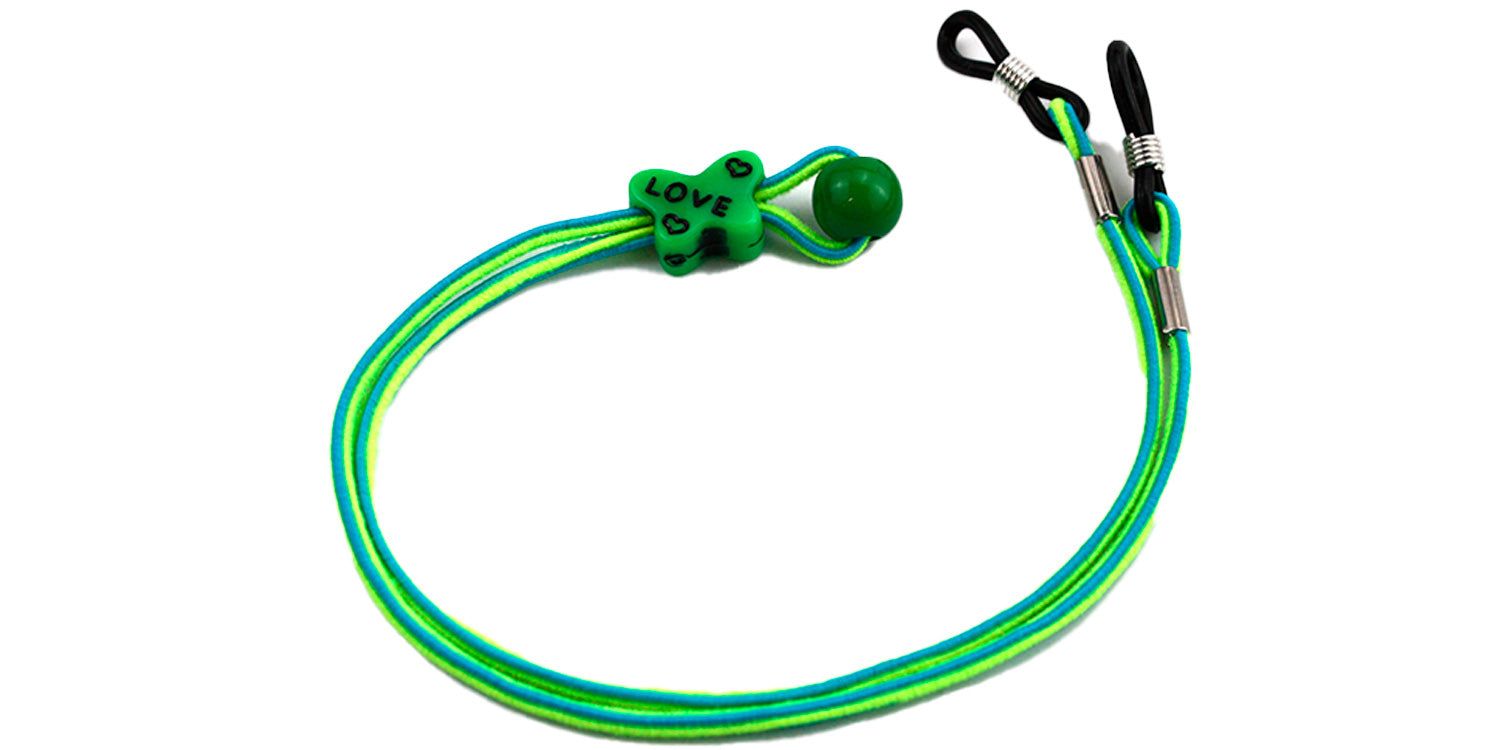 Brillenband voor kinderbrillen, groen-geel, met groene kikkerdecoratie en opschrift "LOVE".