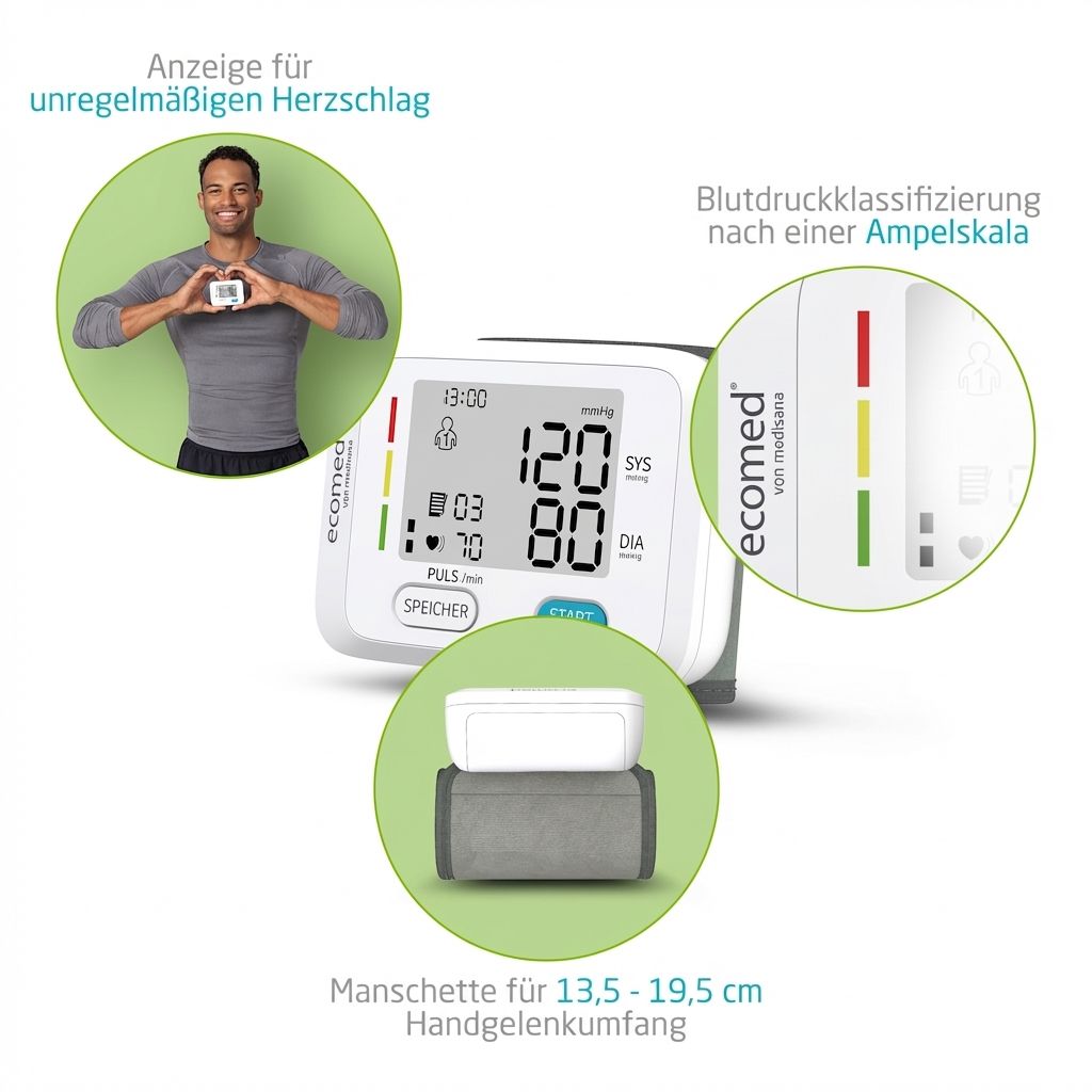Ecomed polsbloeddrukmeter met manchet (13.5-19.5 cm) en indicator voor onregelmatige hartslag.