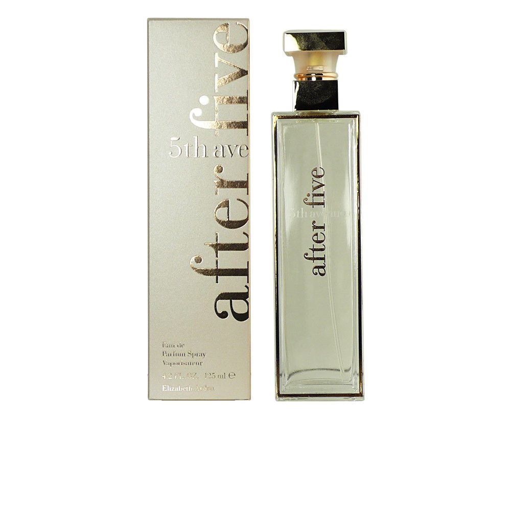 Flacon de parfum et emballage. Flacon rectangulaire avec bouchon doré. Inscription : after five, 5th avenue.