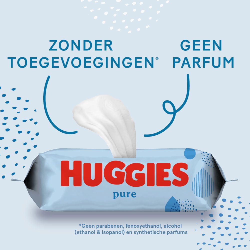 Paquet de lingettes Huggies Pure. Texte : Sans additifs, sans parfum. Emballage bleu avec informations produit.