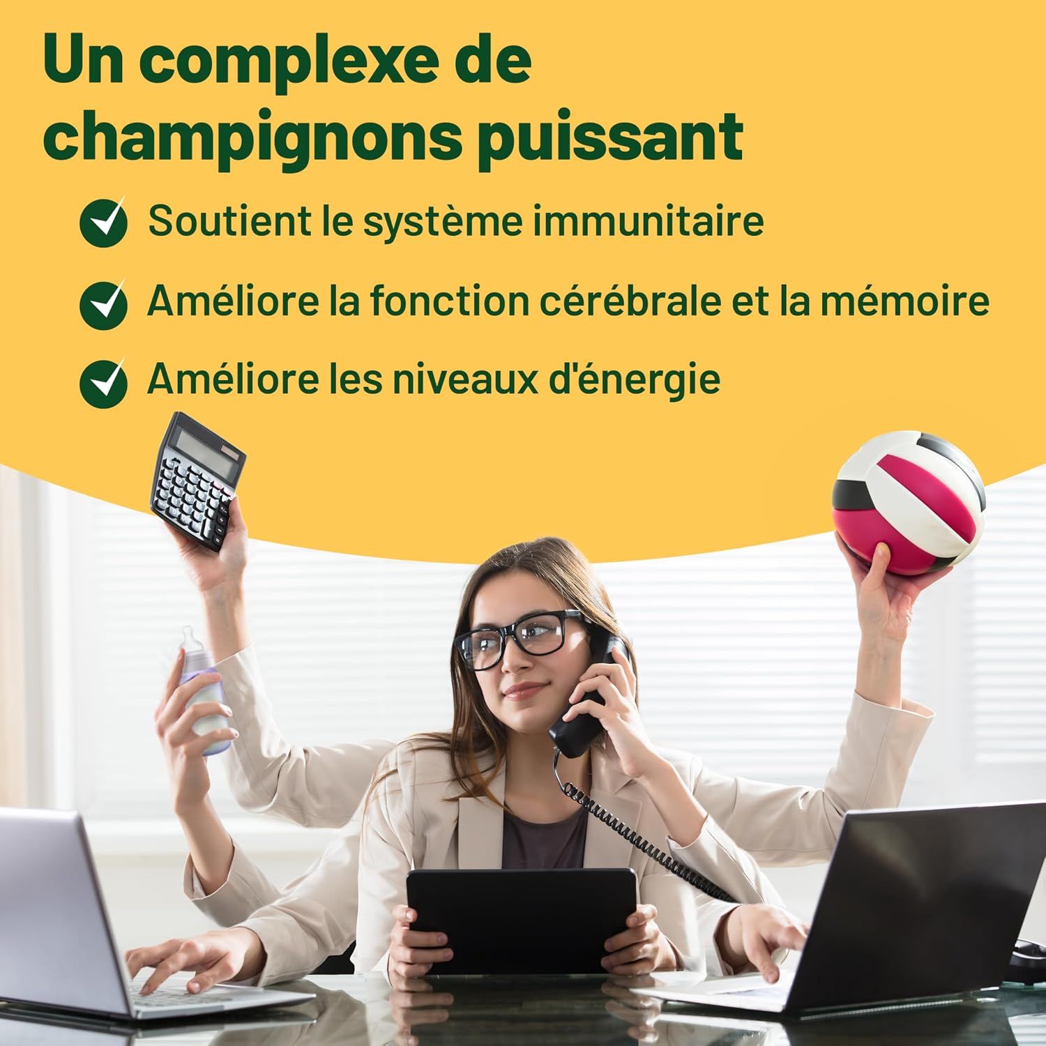 Femme multitâche avec plusieurs bras, tenant une calculatrice et un ballon.