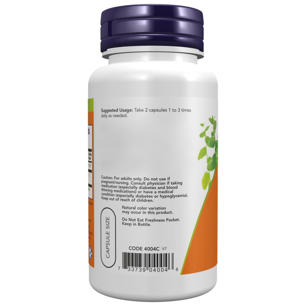 Achterkant van de fles. Etiket met gebruiksaanwijzing en waarschuwingen. Code 4004C. Merk: NOW Foods. Engelse tekst.