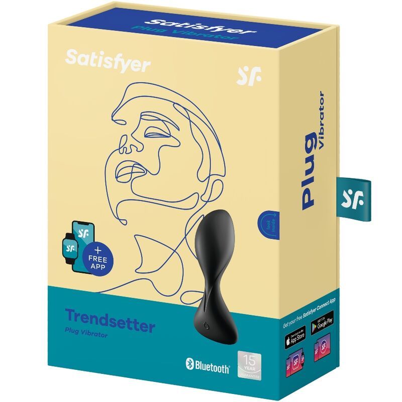 Verpakking van de Satisfyer Trendsetter Plug Vibrator. Beige kartonnen doos met gestileerde gezichtsgrafiek en productafbeelding. 'Free App' vermelding.