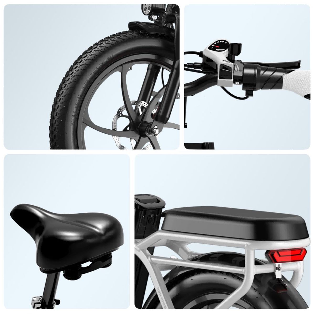 Detailweergaven van een elektrische fiets: banden, stuur, zadel en achterlicht. Zwarte en witte elementen.