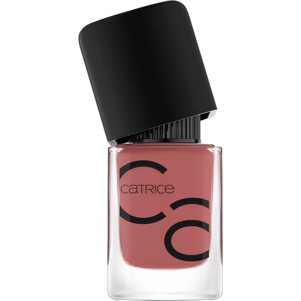 Flacon de vernis à ongles avec bouchon noir. Teinte rose. Marque Catrice.