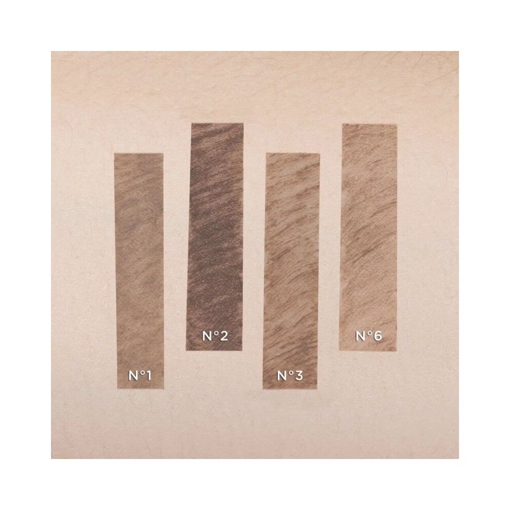 Vier kleurstalen van Artdeco Brow Filler. De tinten variëren van licht- tot donkerbruin. Genummerd van 1 tot 6.