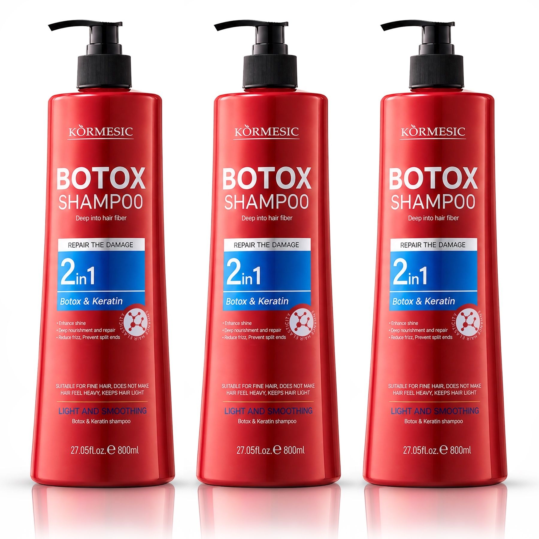 Drie rode flessen Kormesic Botox Shampoo, 800ml, met pompdop.