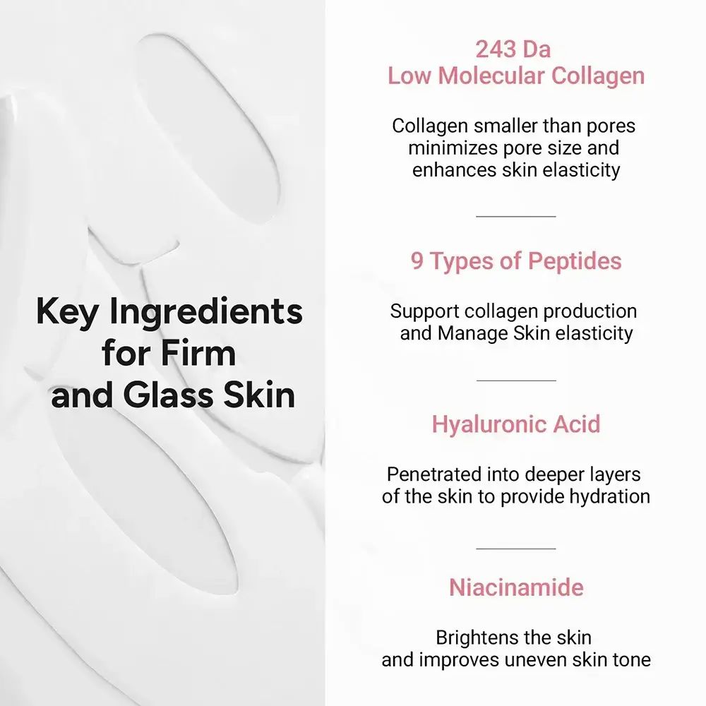 Texte: Key Ingredients for Firm and Glass Skin. Contient 243 Da Low Molecular Collagen, 9 types de peptides, acide hyaluronique, niacinamide.