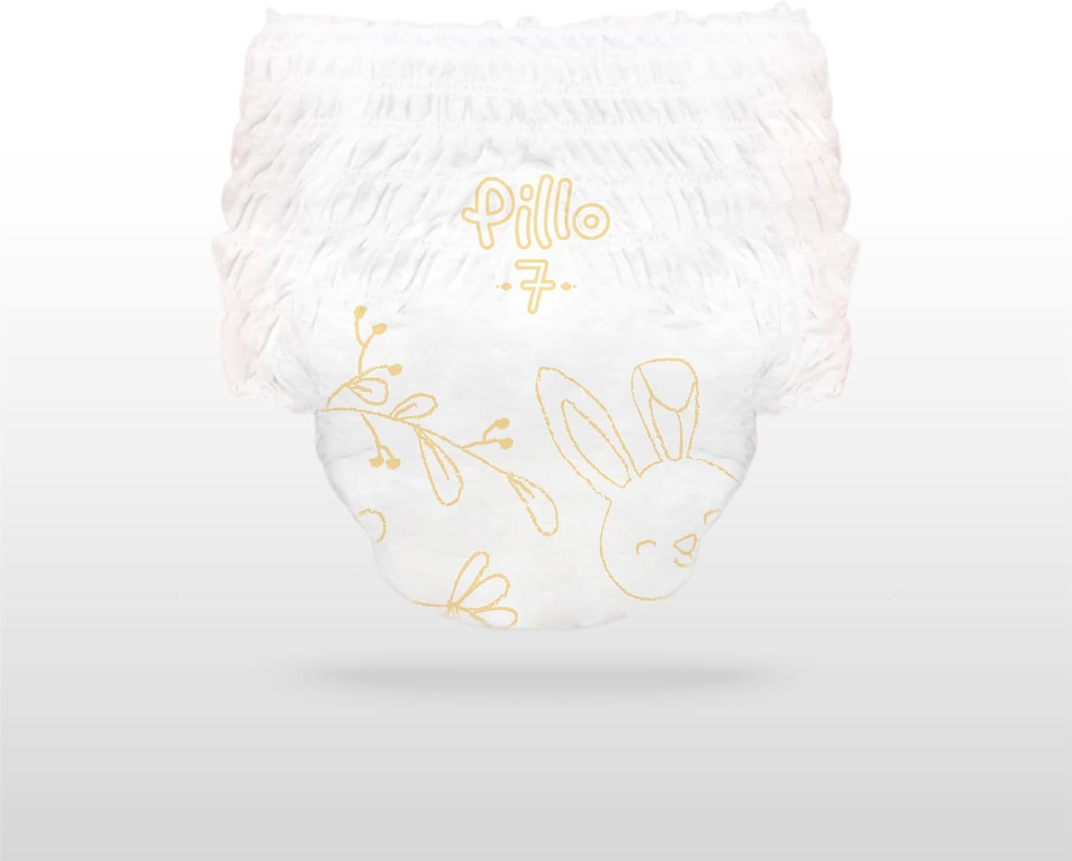 Pillo Pants luier, maat 7. Met konijnenpatroon en bloemmotieven. Elastische tailleband.