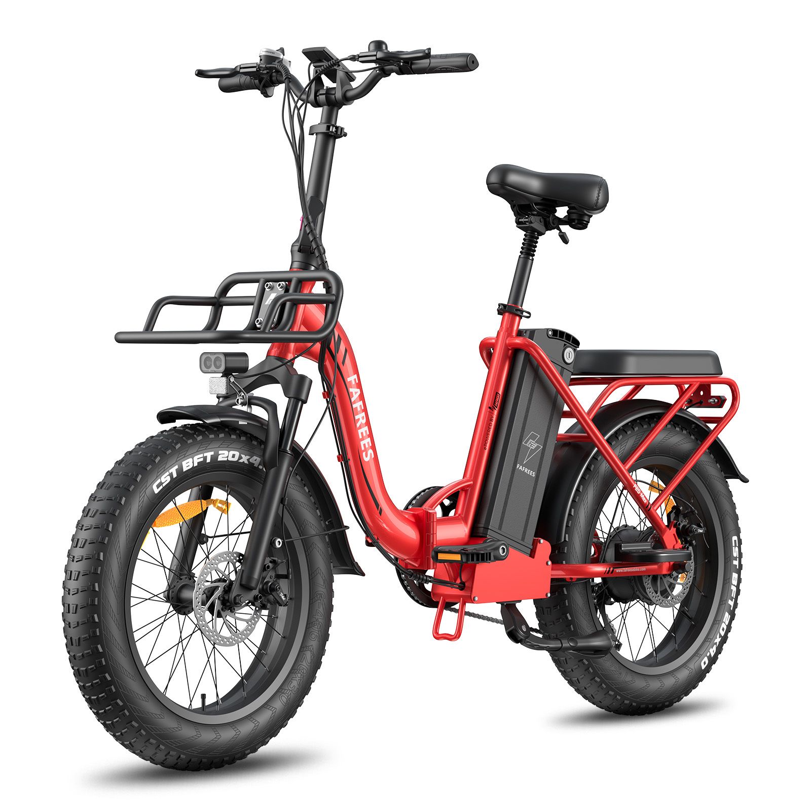 Rode opvouwbare e-bike met zwarte mand, banden en zadel. FAFREES-logo zichtbaar. Met accu en LCD-scherm.