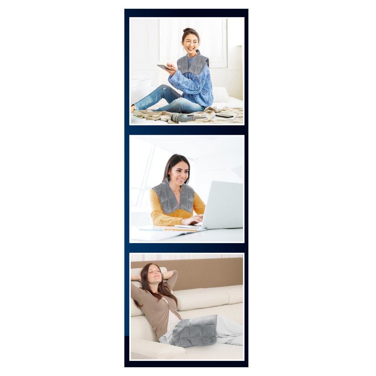 Drie afbeeldingen van vrouwen die het grijze nekkussen gebruiken. Een vrouw zit op een bed, een aan een bureau, een op een bank.