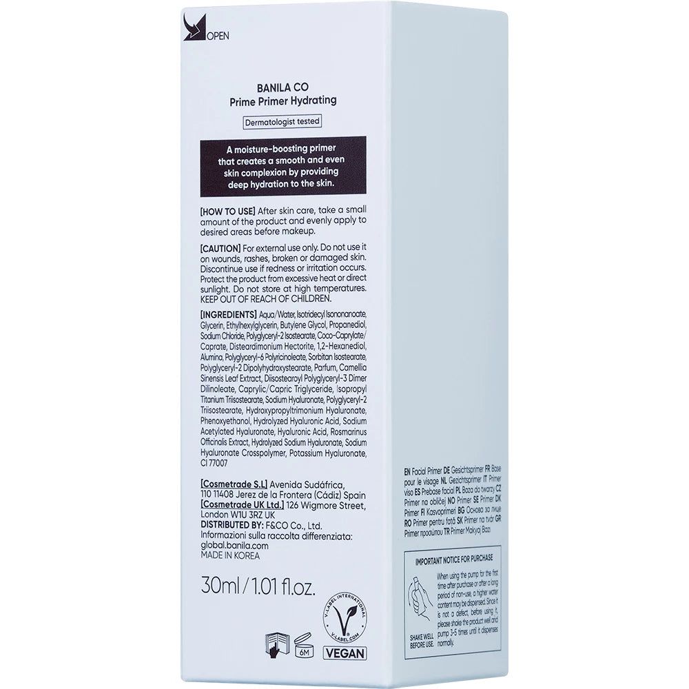 Productverpakking met tekst en ingrediënten. Opschrift: PRIME PRIMER HYDRATING, BANILA CO. Vegan logo.