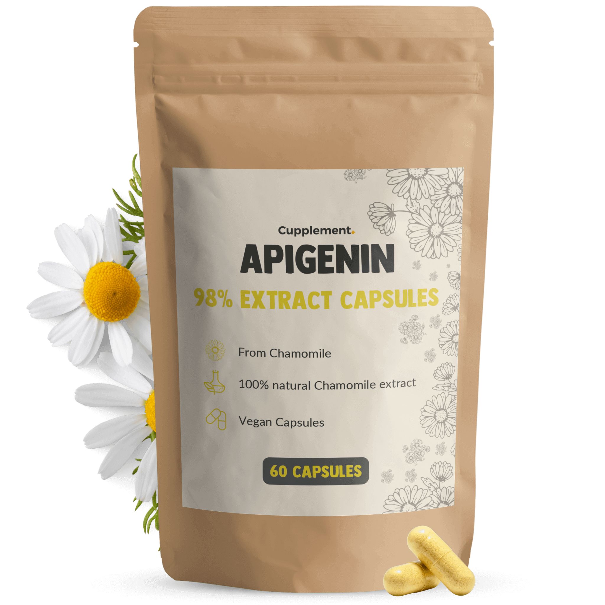 Bruine zakverpakking met tekst: Apigenine 98% Extract Capsules. 60 capsules. Met kamillebloemen.