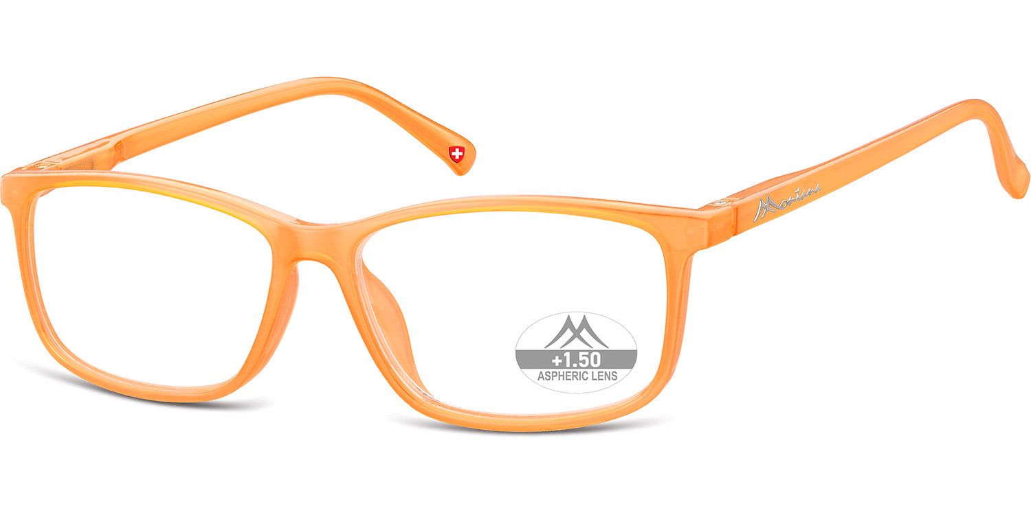Lunettes orange à verres rectangulaires. "Montana Eyewear" sur la branche droite. Croix suisse sur la branche gauche.