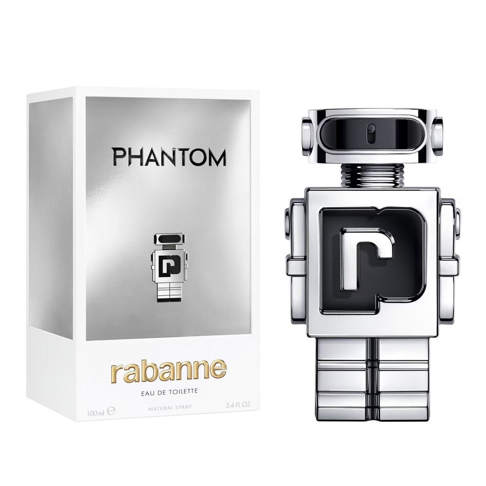Paco Rabanne Phantom fles en verpakking. Zilveren robotfles, witte doos met logo en tekst.