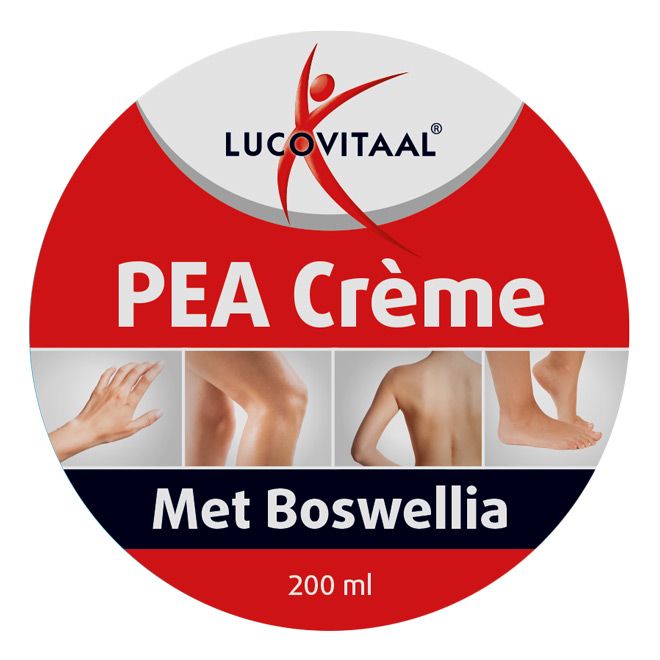 Ronde deksel PEA Crème. Logo Lucovitaal, opschrift PEA Crème, Met Boswellia, 200 ml. Afbeeldingen van lichaamsdelen.