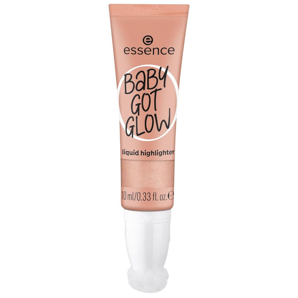 Highlighter liquide en tube. Marque: Essence. Texte: Baby Got Glow, Liquid Highlighter. Volume: 10 ml/0.33 fl. oz. Avec applicateur.