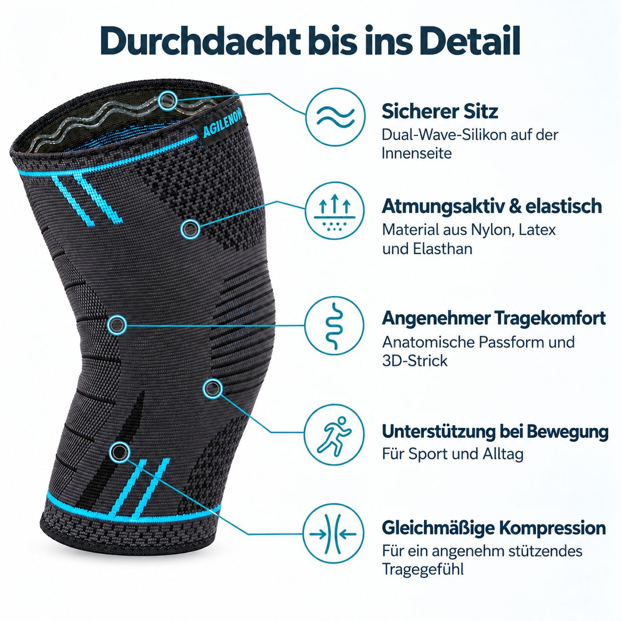 Genouillère anatomique en matériau respirant.