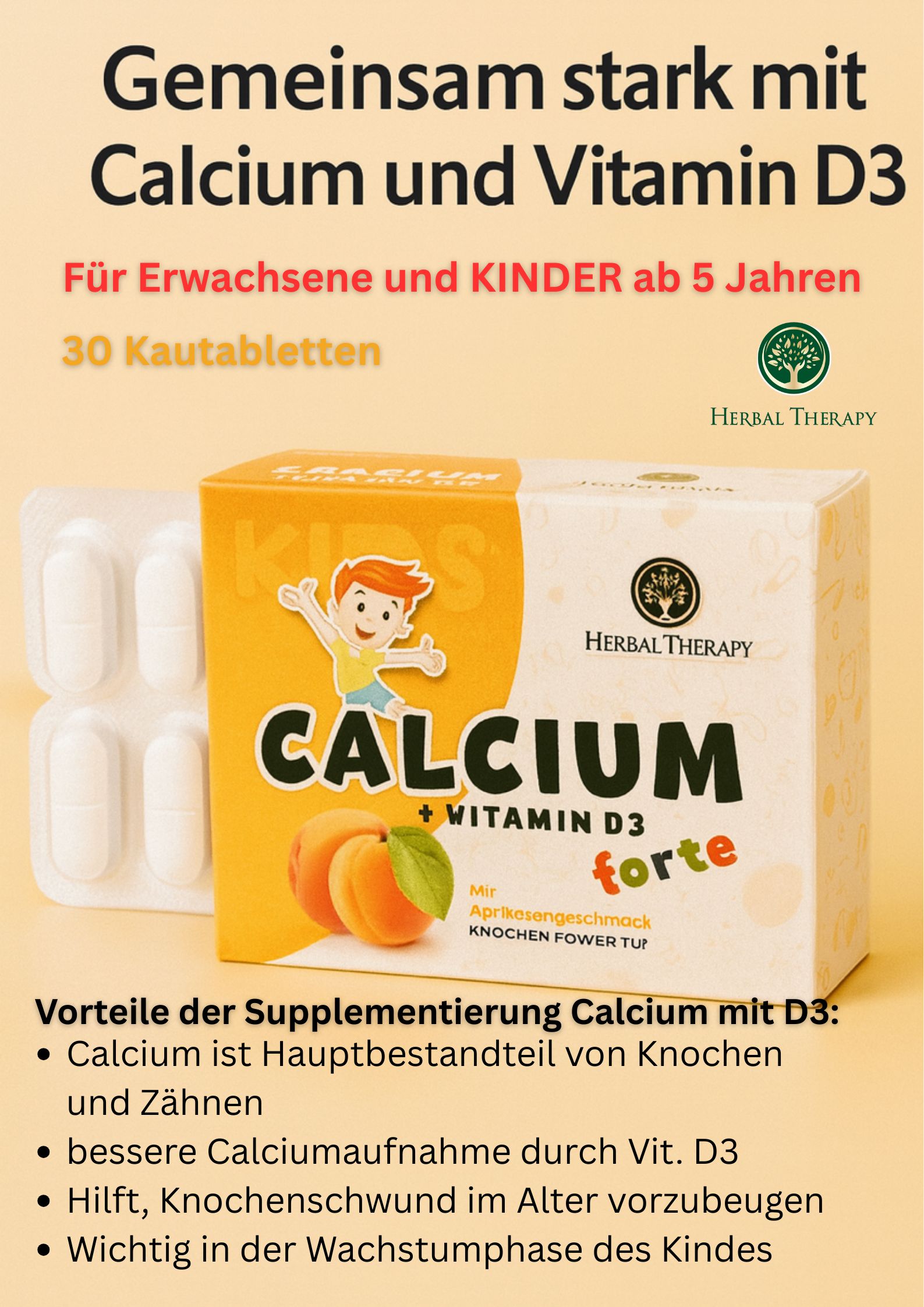Image publicitaire avec emballage du produit. Inscription : Calcium + Vitamine D3 forte. Logo : Herbal Therapy. Texte : Pour adultes et enfants dès 5 ans.