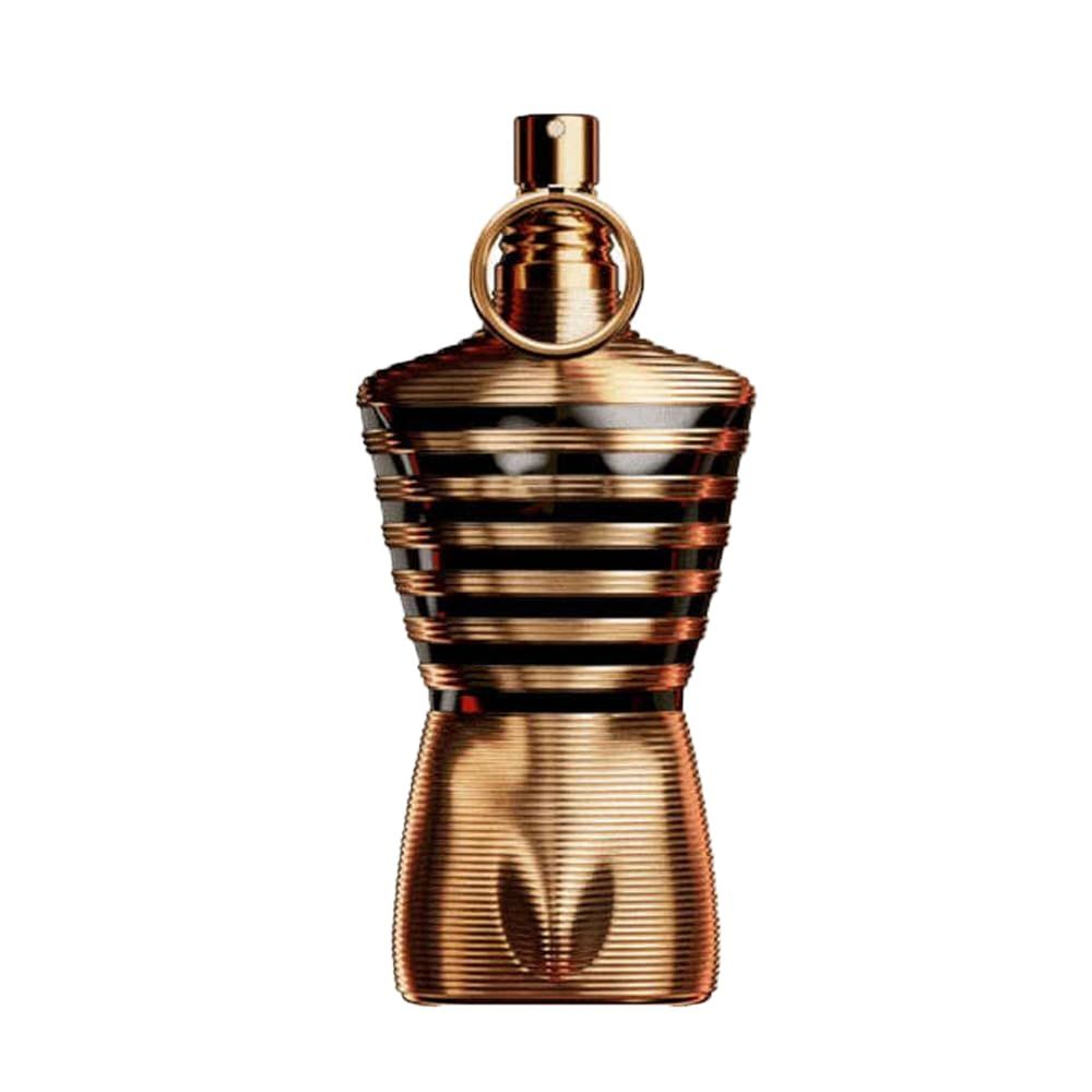 Gouden torso-vormige fles. Zwarte horizontale strepen. Gouden sproeikop met ring.