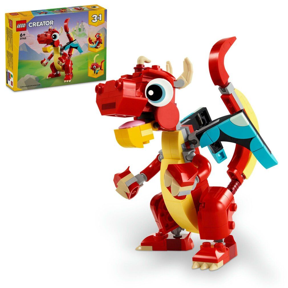 Dragon rouge en briques LEGO. Ventre jaune, ailes bleues. Emballage avec image du dragon.