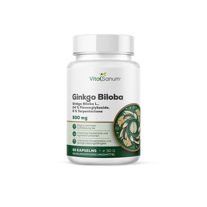 Witte fles VitaSanum® Ginkgo Biloba. Label met productinformatie en 60 capsules. Groen logo met bladeren.