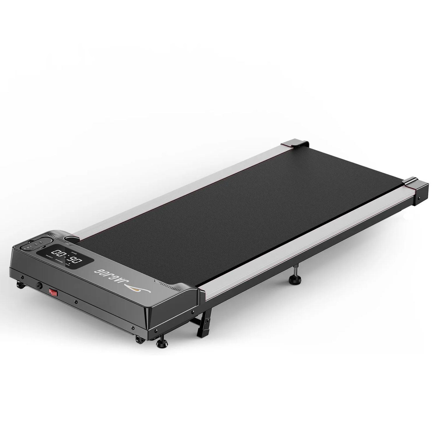 Zwarte loopband met LED-display. Plat ontwerp, rechthoekige vorm. Grijze accenten.