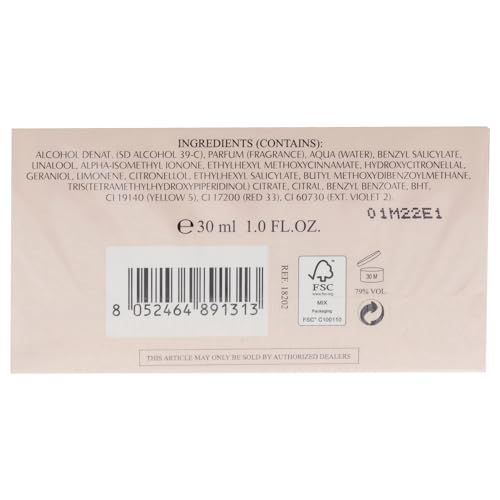 Achterkant van de verpakking van Signorina Eau de Parfum Spray. Bevat ingrediënten, volume, barcode en FSC-certificering.