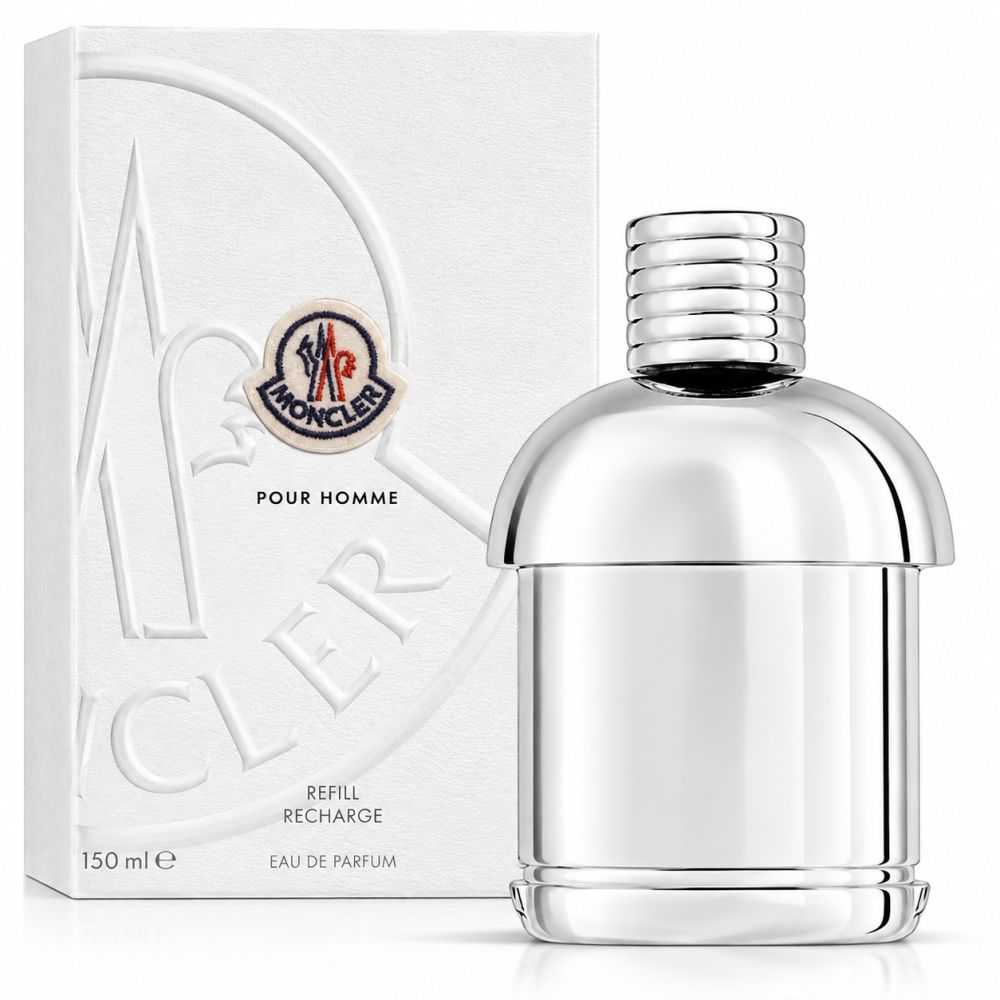 Flacon et emballage Moncler Pour Homme Eau de Parfum. Flacon argenté avec bouchon côtelé.