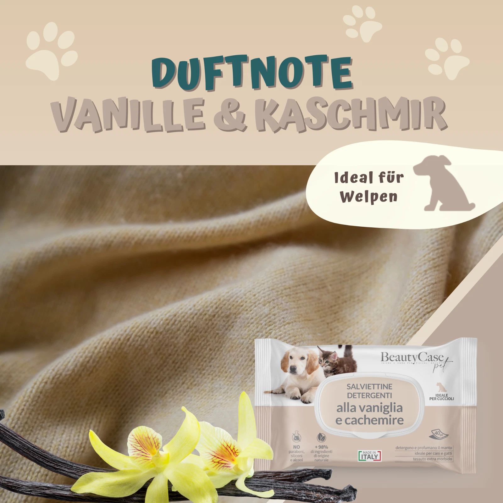 Produit avec parfum Vanille & Cachemire. Illustration : emballage du produit, gousses de vanille, fleur jaune. Idéal pour les chiots.