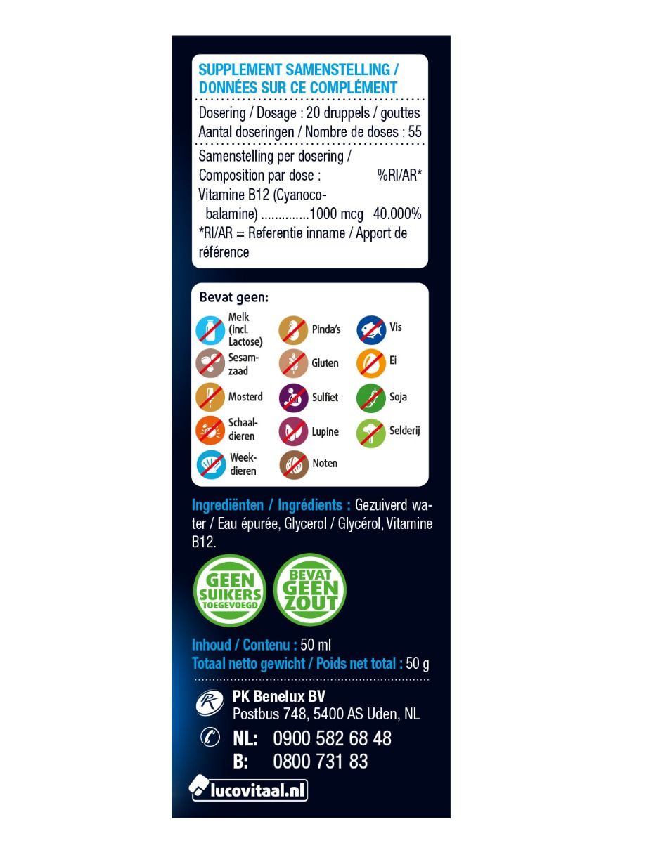 Achterkant van de verpakking van Lucovitaal Vitamine B12 Druppels. Bevat informatie over ingrediënten, dosering en allergenen. Zegels.