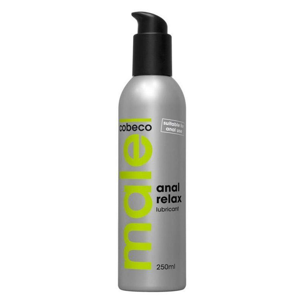 Zilveren fles met zwarte pomp. Opschrift: male, anal relax lubricant, 250ml. Merk: cobeco.