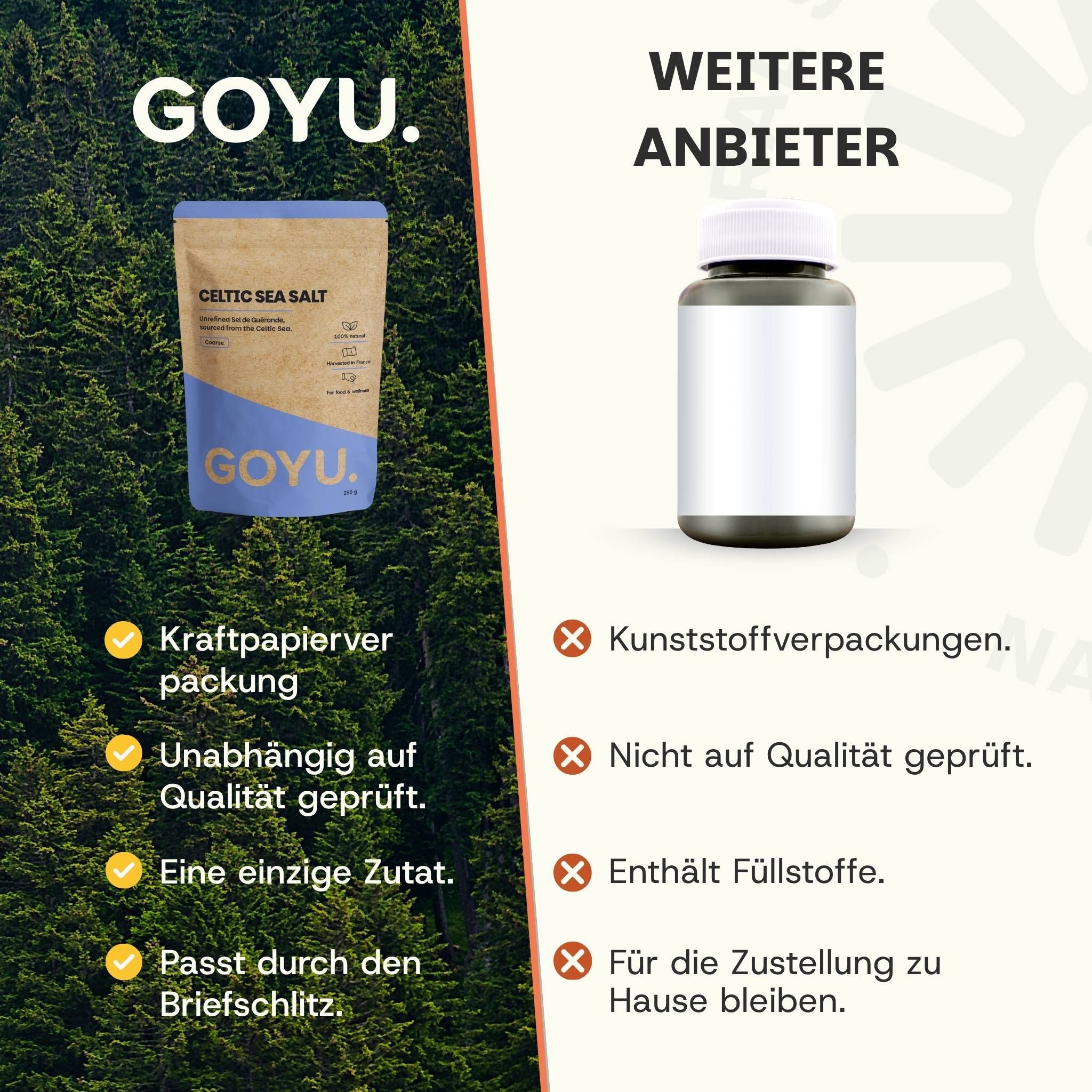 Comparaison du "Celtic Sea Salt" en emballage papier kraft avec un produit concurrent.