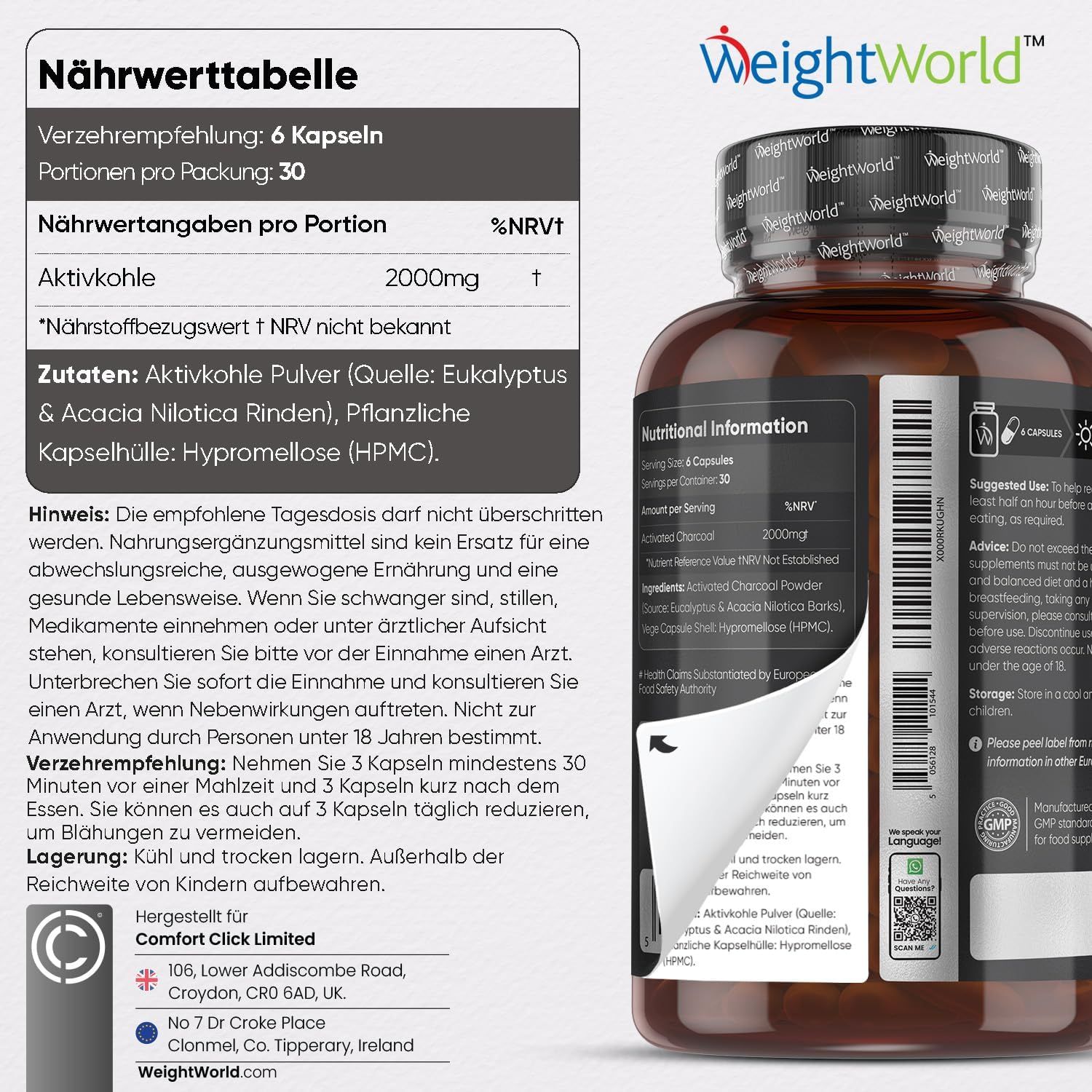 Tableau nutritionnel et informations sur les gélules de charbon actif de WeightWorld.