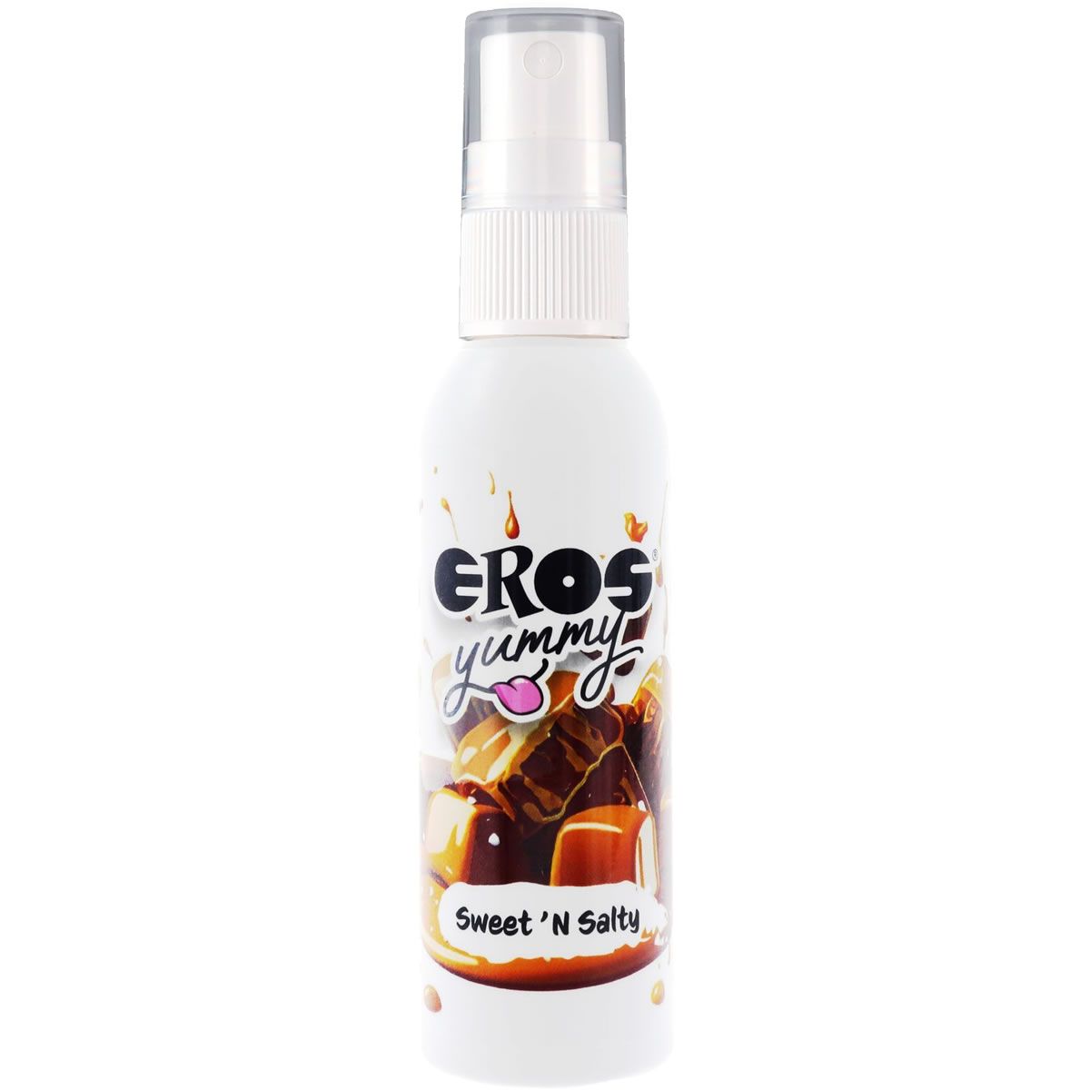 Witte fles met verstuiver. Opschrift: EROS yummy Sweet 'N Salty. Afbeelding van karamel. Transparante dop.