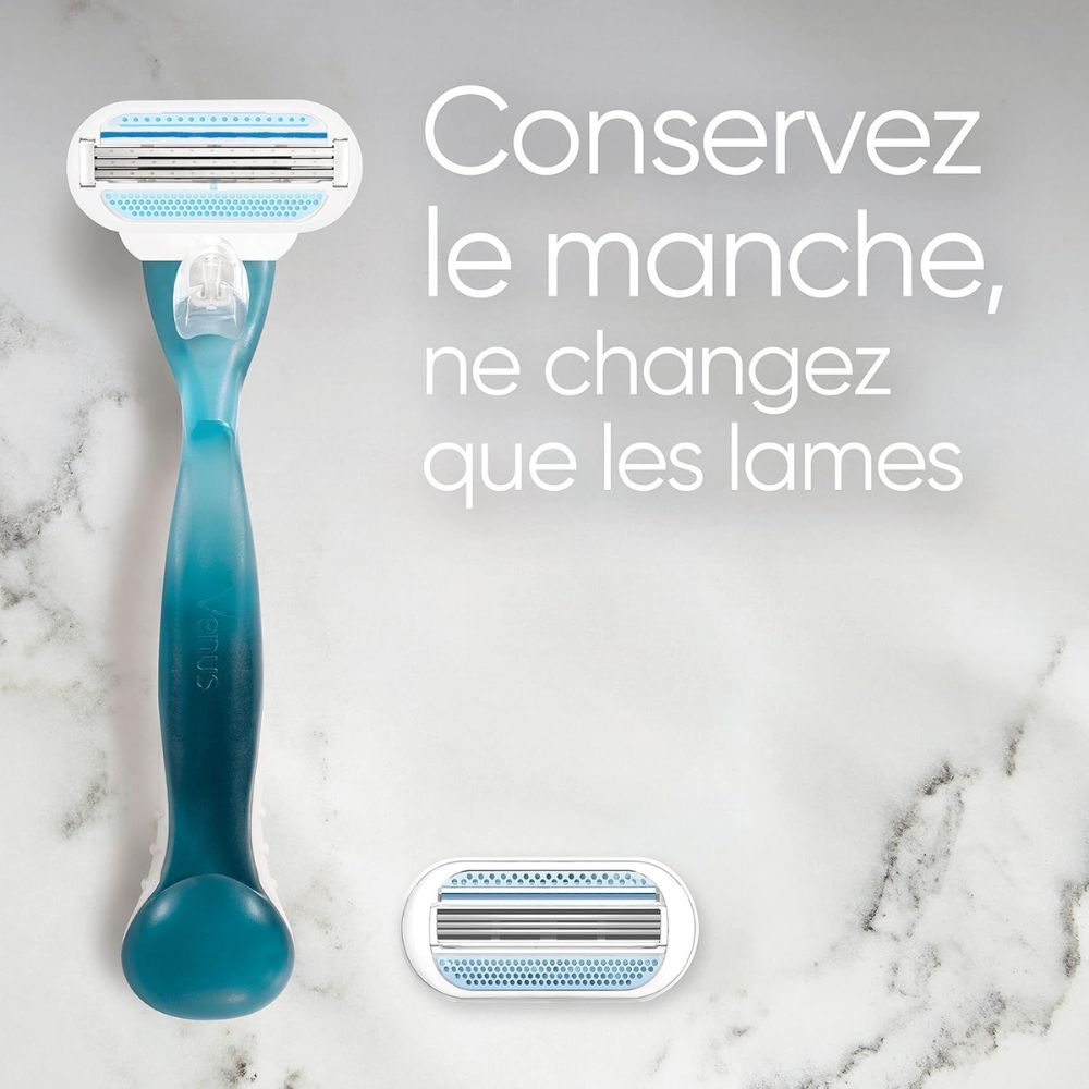 Rasoir et lame de rechange. Bleu et blanc. Texte: Conservez le manche, changez les lames.