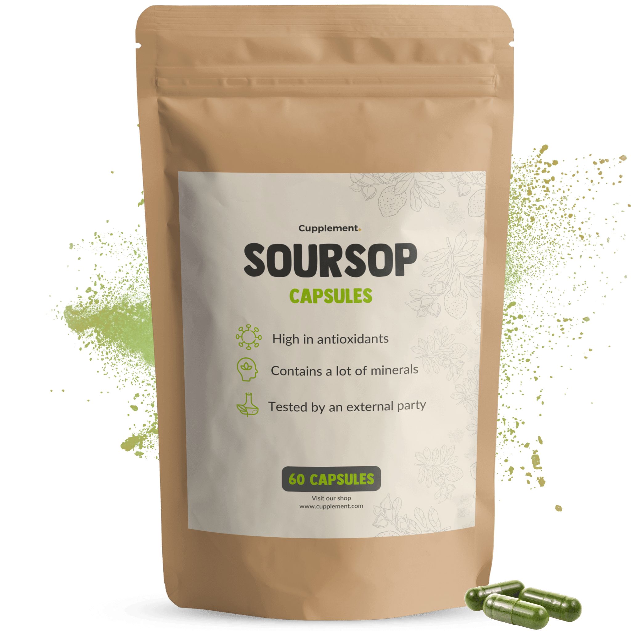 Bruine zakverpakking met wit etiket. Tekst: Soursop Capsules, 60 capsules. Groene capsules ernaast.