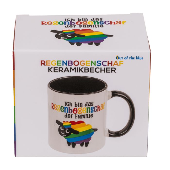 Keramische beker met regenboog schapenmotief en tekst. Verpakt in een doos met hetzelfde ontwerp. Zwarte handgreep en binnenkant.