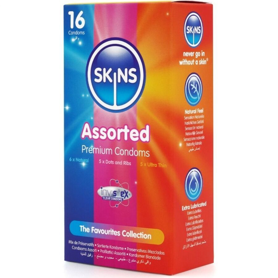 Boîte de 16 préservatifs SKINS Assorted Premium. 6x Naturel, 5x Dots and Ribs, 5x Ultra Thin. Informations supplémentaires.